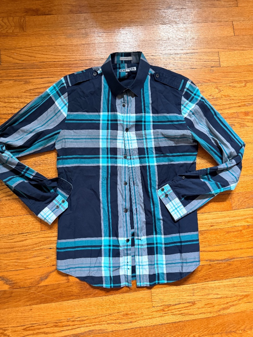 EXPRESS Men's fitted Button up dark blue navy plaid shirt cotton long sleeve